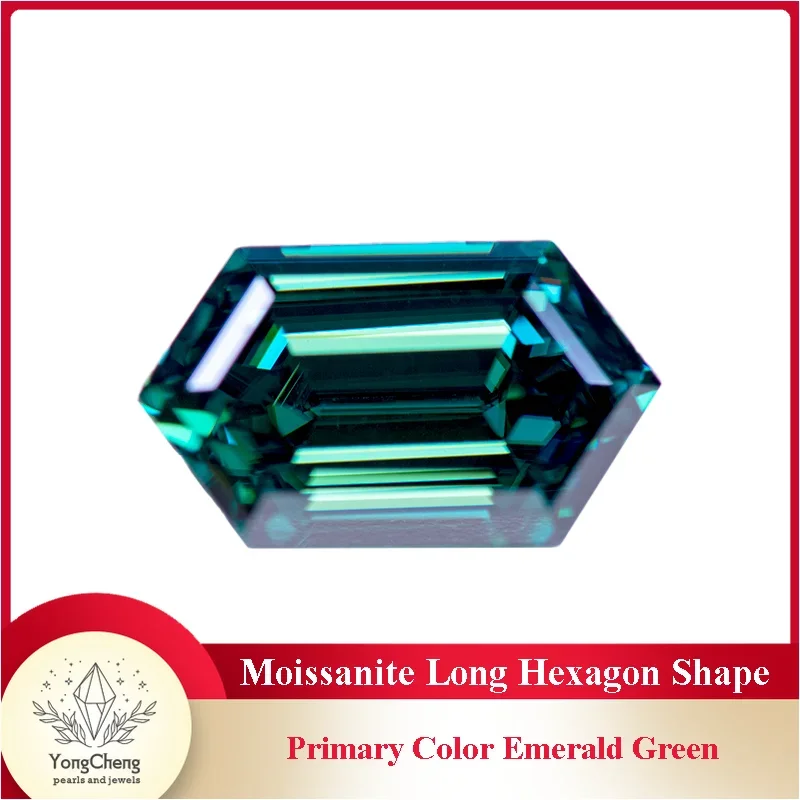 

Moissanite Stone Long Hexagon Shape Primary Color Emerald Green Lab Grown Diamond Charms Jewelry Making with GRA Certificate