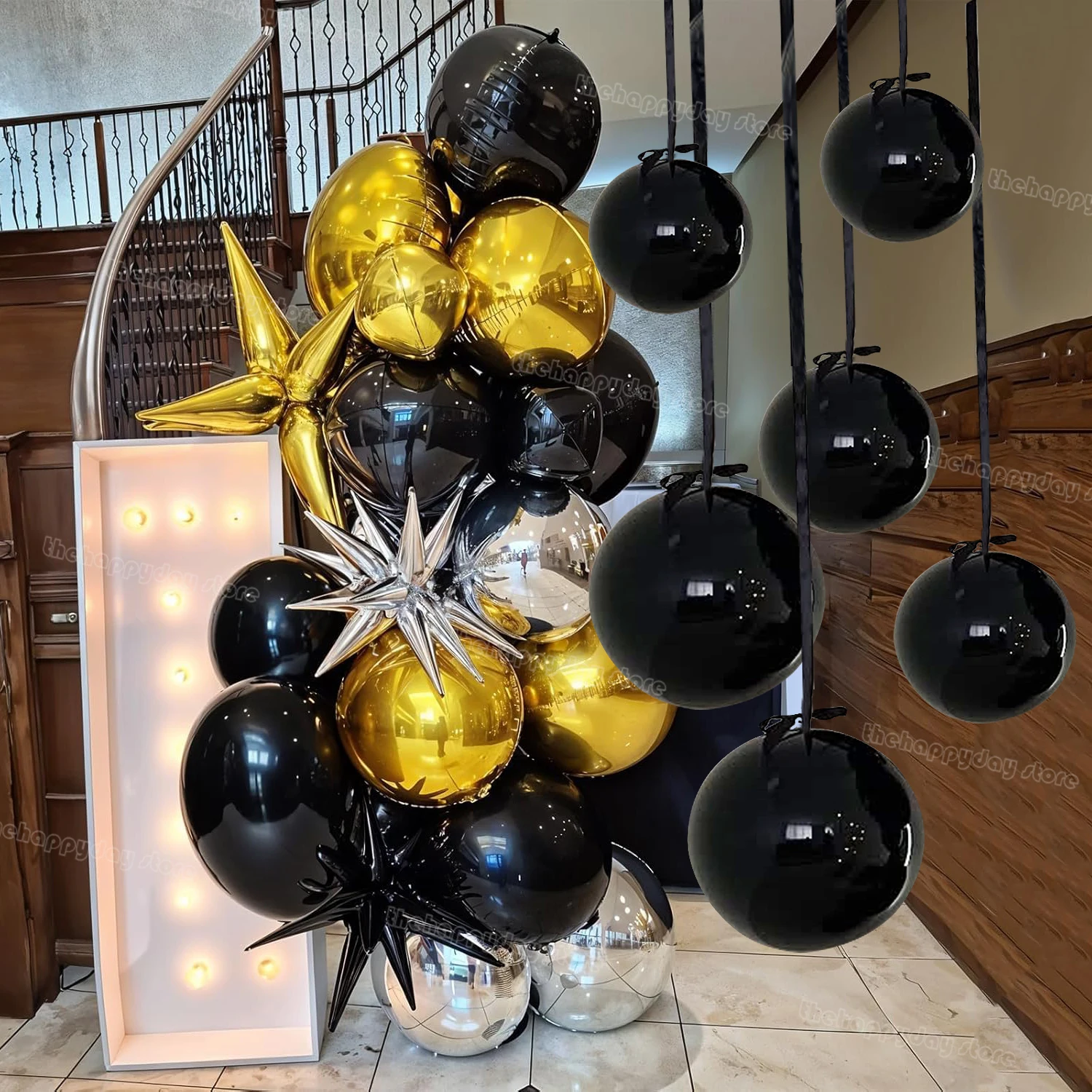12 Stück schwarze hängende 4D runde Folienballons 22/15/10 Zoll 4D Folien-Heliumballon für Bogen Geburtstag Mädchen Kokette Hochzeit Weihnachtsdekoration – Detail 39