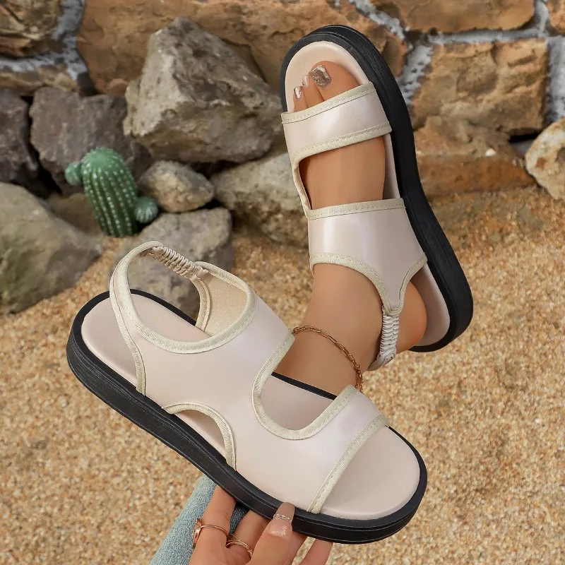 New Fashionable Breathable Open-toe Women's Sandals Comfortable Elastic Band Design Summer Women's PU Casual Home Flat Sandals