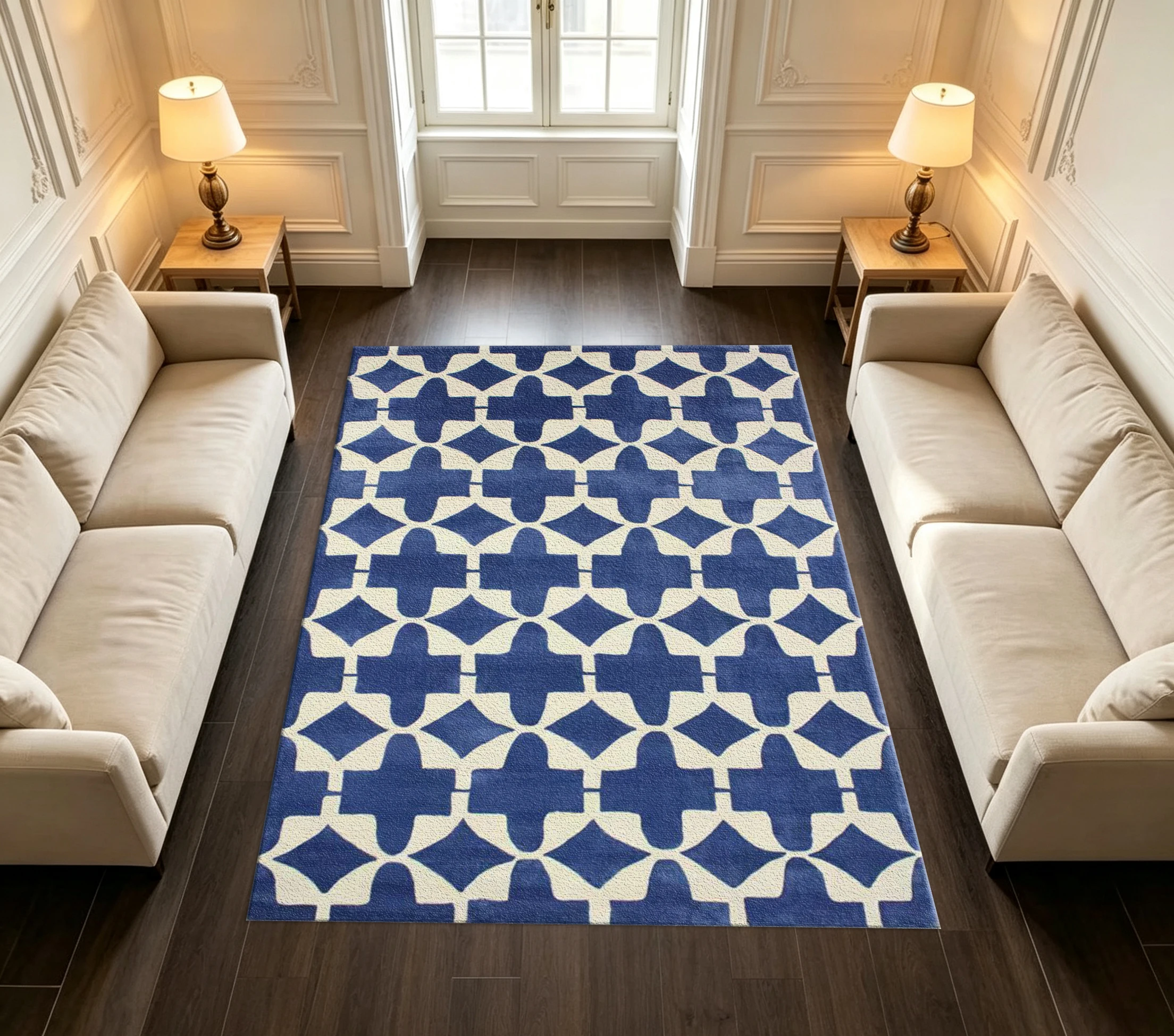 Blue White Cross Diamond Moroccan Geometric Style Indoor Home Area Rug