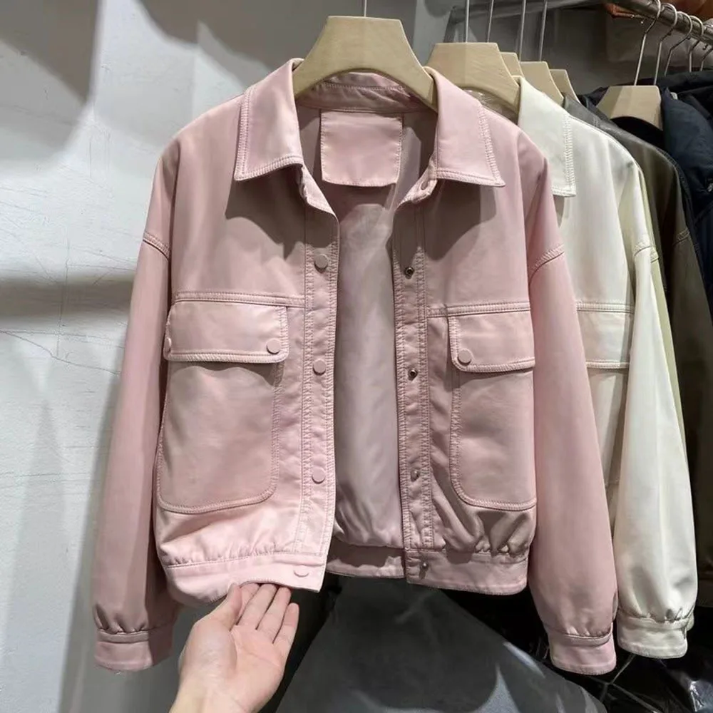 Chaquetas de cuero de viento para mujer, abrigo de cuero PU, chaqueta para mujer, prendas de vestir exteriores con bolsillos grandes, Tops informales de Color sólido 2024