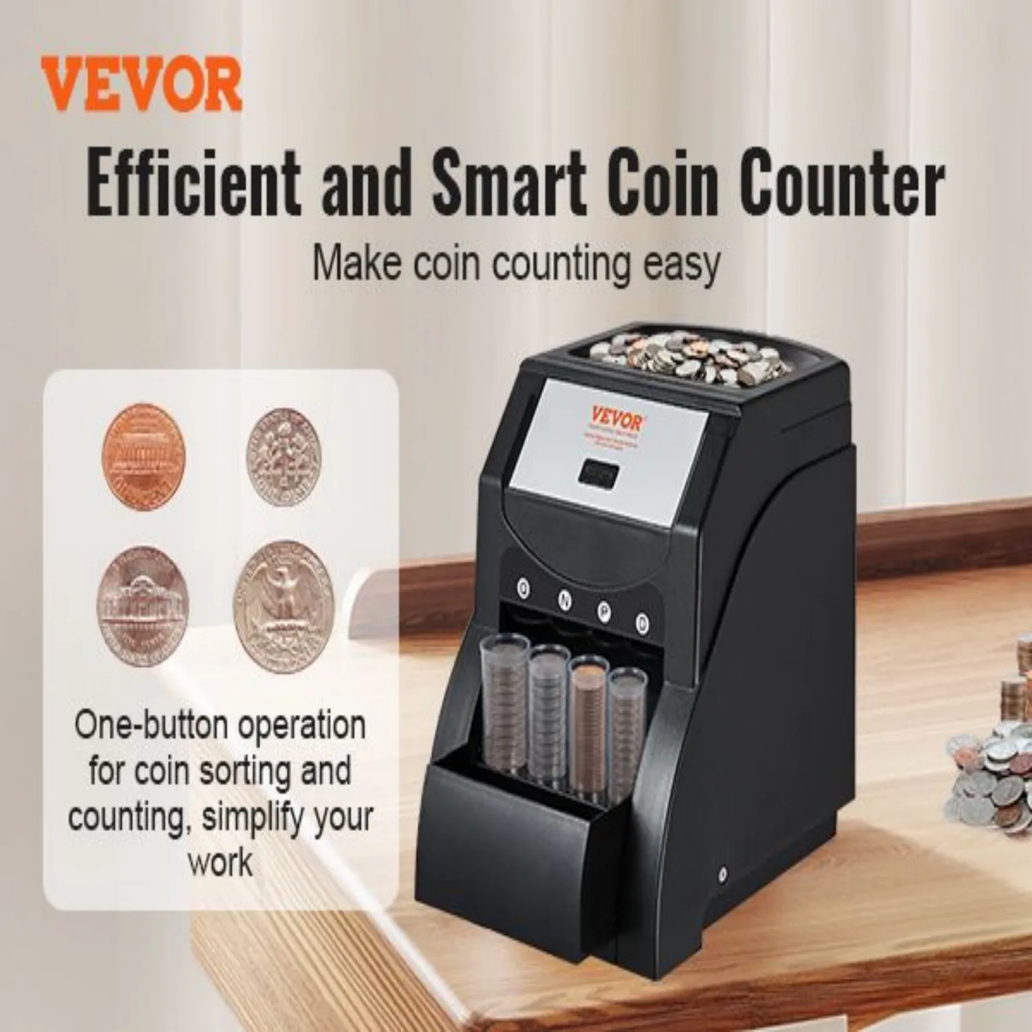 VEVOR USD Coin Sorter, Coin Sorter Machine for USD Coin 1¢ 5¢ 10¢ 25¢, Sorts up to 230 Coins/min, Coin Sorter and Wrapper Ma