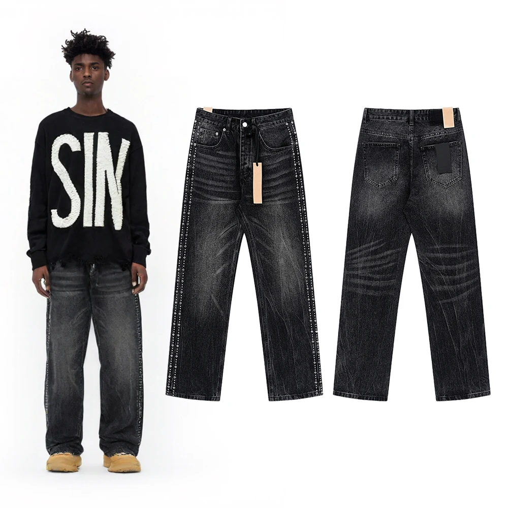 

Уличная одежда, мужские облегающие джинсы со стразами, винтажные повседневные прямые брюки в уличном стиле в стиле хип-хоп с рваными пуговицами