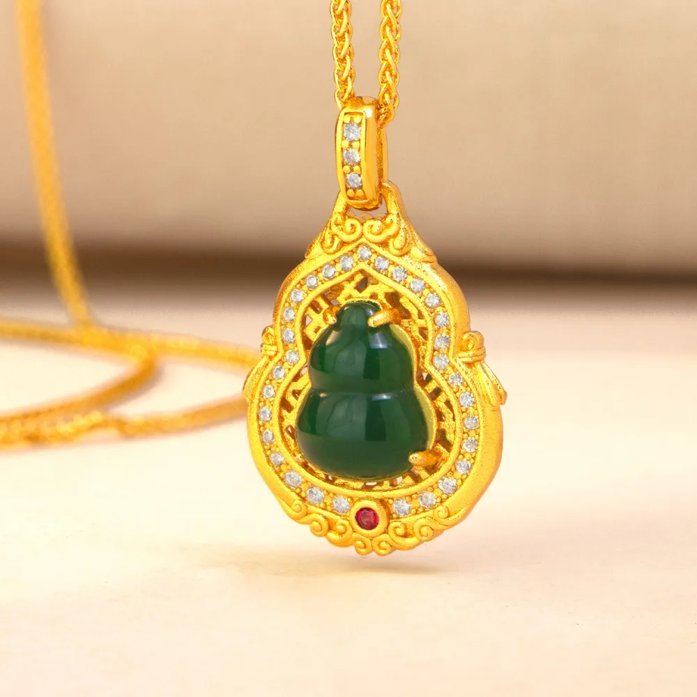Jade gourd pendant small retro style Fulu collarbone chain 9999gold