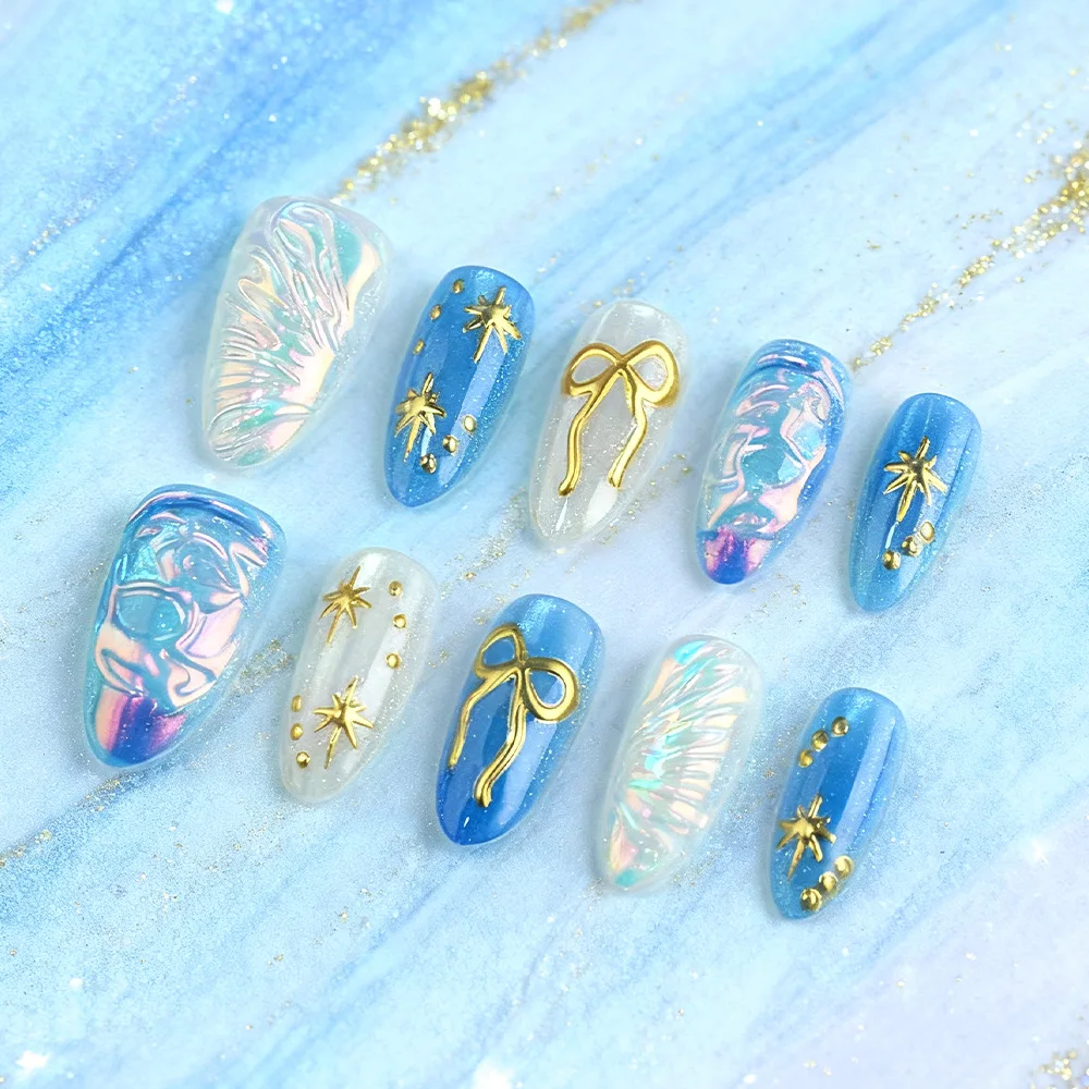 

24Pcs fake nail art, daily nail art, blue almond nail, flowing light three-dimensional relief, gilded cat eye sparkling nail art, perfect gift for women, birthday gift, holiday gift