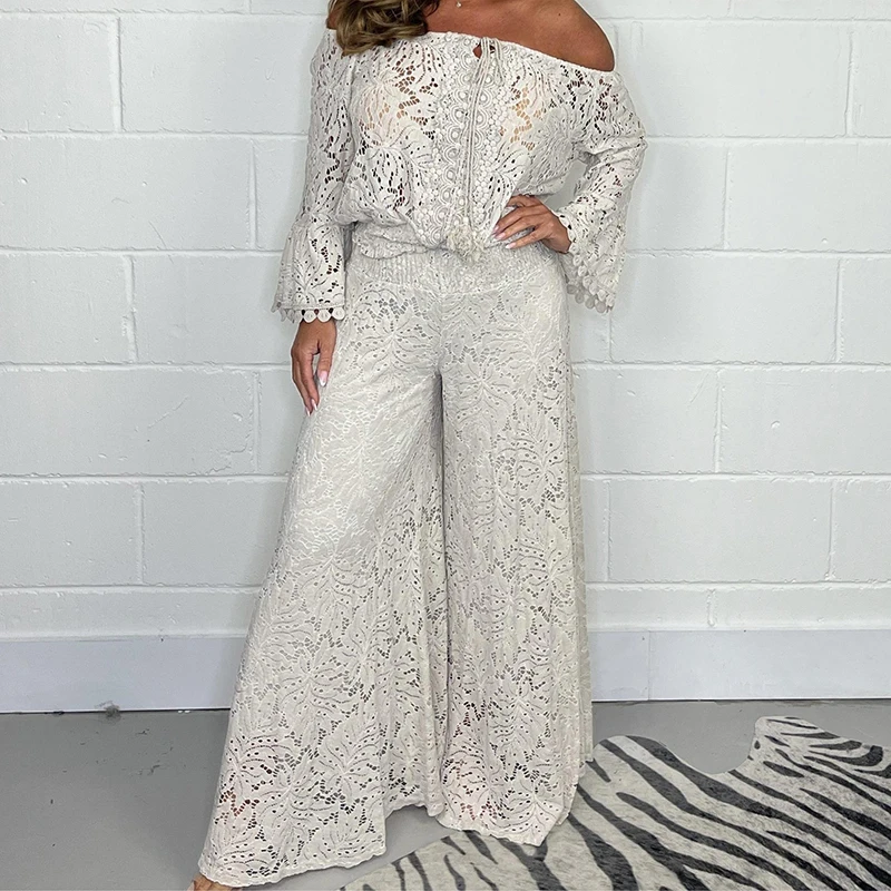 Spring Embroidery Hook Flower Hollow Crochet Set Women 2 Pieces V Neck Tie-up Tassel Top+Wide Leg Pants Outfits Sexy Summer Suit