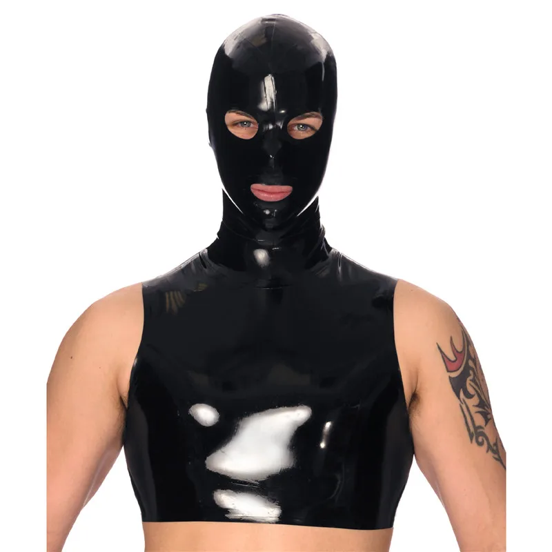 

Black Latex Men Women Handmade Sleeveless Tops Vest Spliced With Two Ways Back Zipper Hoods Mask Customize Size Color