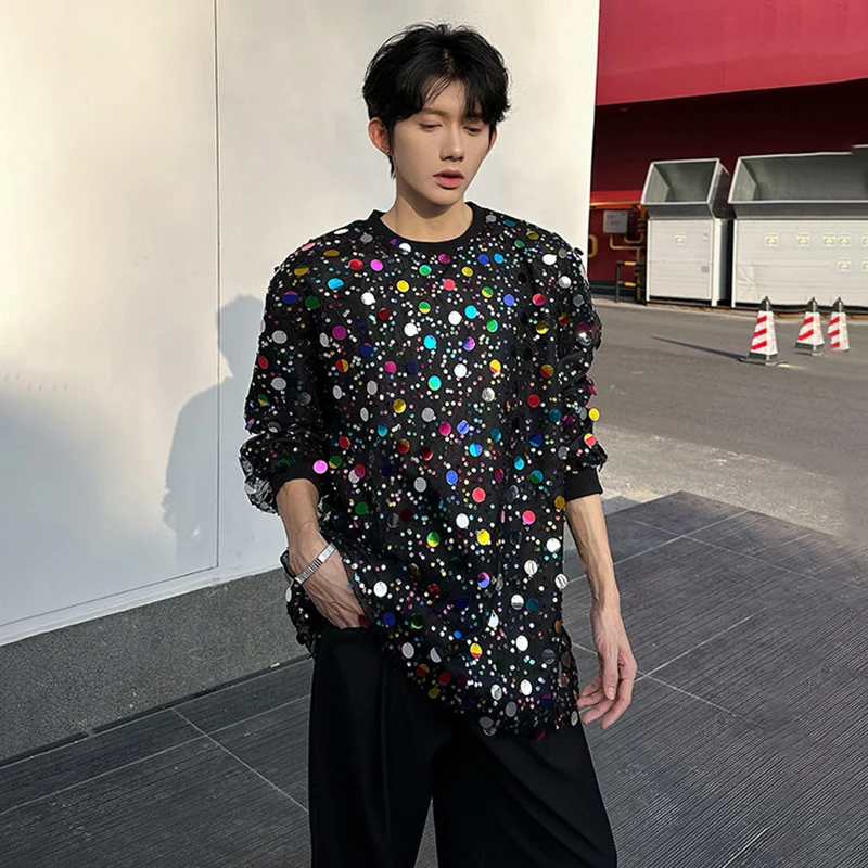 LUZHEN 2026 New Original Sequin Patchwork Long Sleeve T-shirts Men's Fashion Handsome Loose High Quality Male Casual Tops JY7789