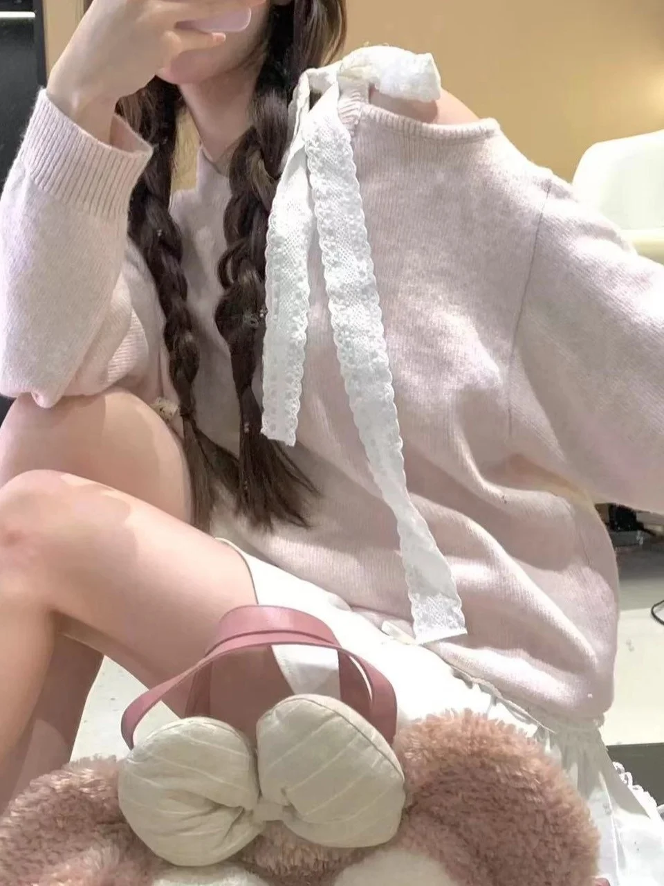 

Розовый вязаный топ с кружевным узлом и узлом для подружки невесты, корейский свитер ранней осени, новый дизайн, чувственный маленький размер, свитер для снижения возраста