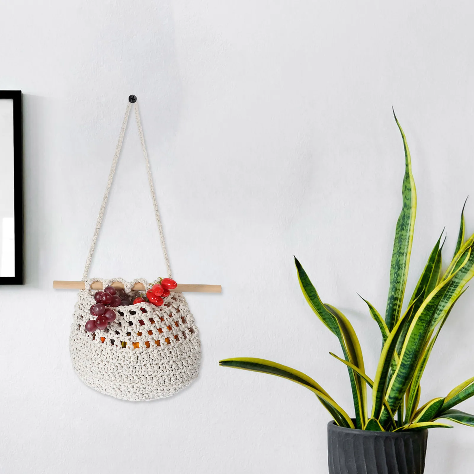 

Hanging Fruit Basket Cotton Rope Woven Wall Mounted Storage Organizer Bohemian Kitchen Vegetable Basket Brown Small