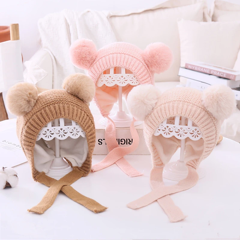 Double Pompom Baby Hat Warm Knitted Kids Girl Boy Autumn Winter Bonnet Hat Solid Color Ear Protection Children Beanie Cap Unisex