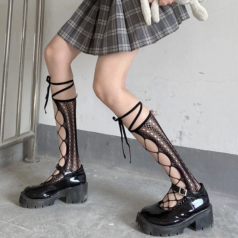 Sexy Stockings Bandage Cross Ribbon Long Knee Socks Women Anti-Snagging Party Fish Net Wearing Ways Stocking Fishnet Pantyhose