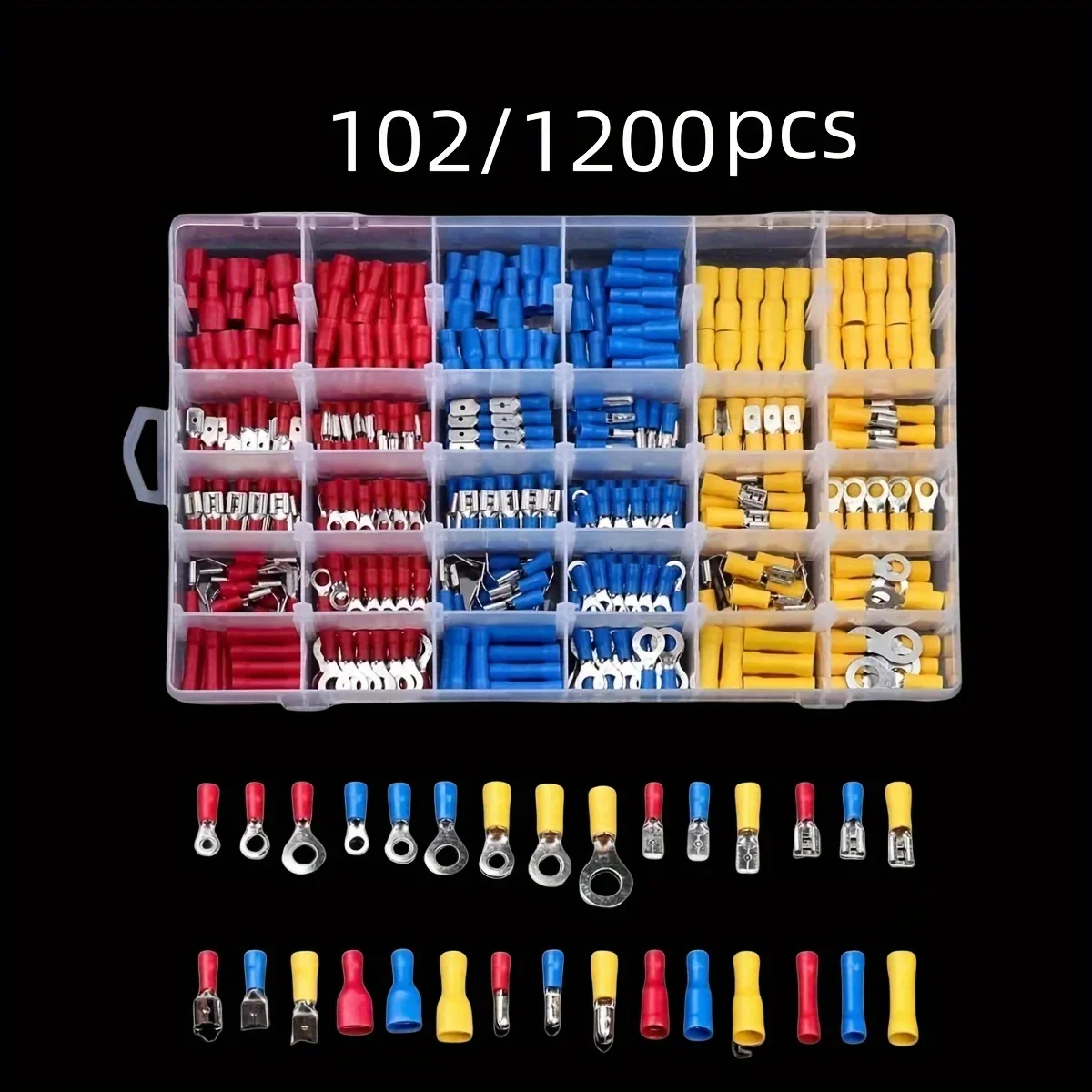 

102/1200pcs New Insulated Cable Connector Electrical Wire Crimp Spade Butt Ring Fork Set Ring Lugs Rolled Terminals Assorted Kit