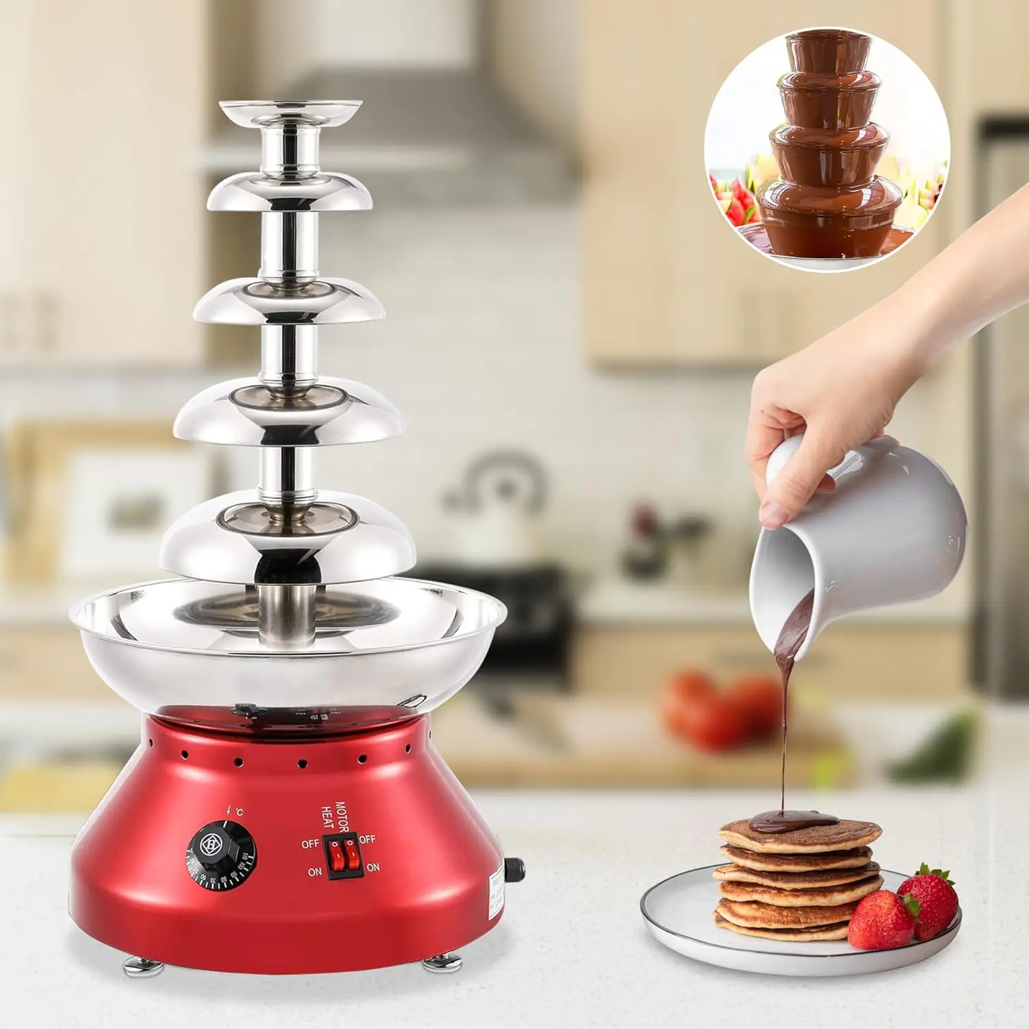 5 Tier Chocolate Fondue Fountain Machine, Chocolate Fondue Tower Stainless Steel Chocolate Melting Heating Machine