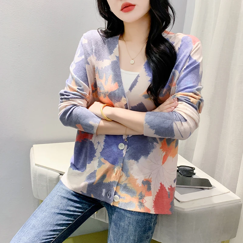 MadBlack-Women ヨーロッパの服 セーター、セクシーな V ネック プリント、作業服長袖ルーズ カーディガン ニットウェア、2025 冬 C5D236CC