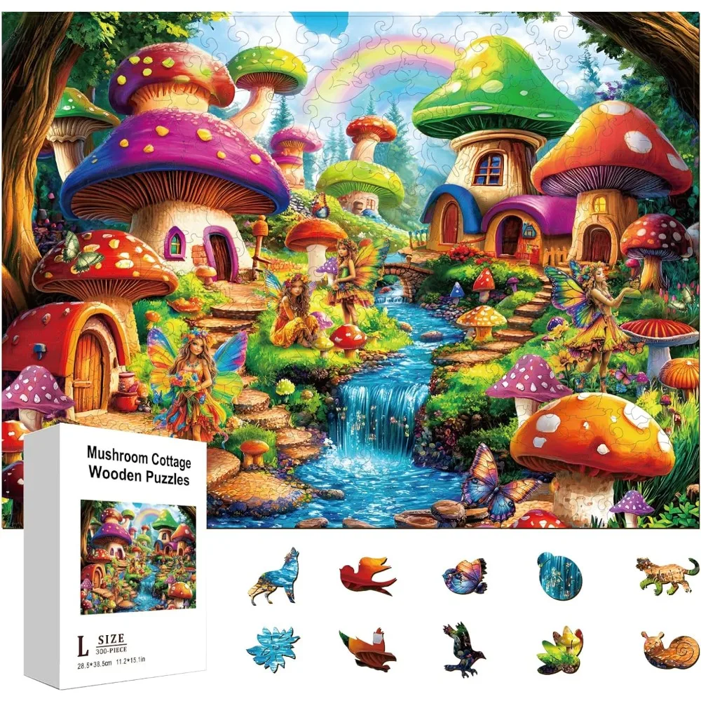 

300Pcs Mushroom Cottage Wooden Jigsaw Puzzles for Adults 11.22x15.16inch Colorful Mushroom Houses Wood Puzzles for Holidays