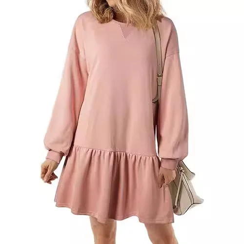 Casual Loose Sweatshirt Mini Dresses For Women With Long Sleeves And Ribbed Crewneck Pullover Styles Ruffle Sweatshirts Dress