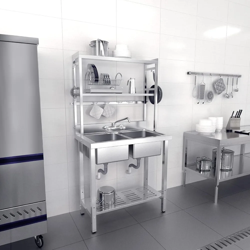 

Коммерческая мойка с 2 отделениями, 67 дюймов, полками над и сушильной стойкой, раковина из нержавеющей стали 304, двойная раковина со сливом