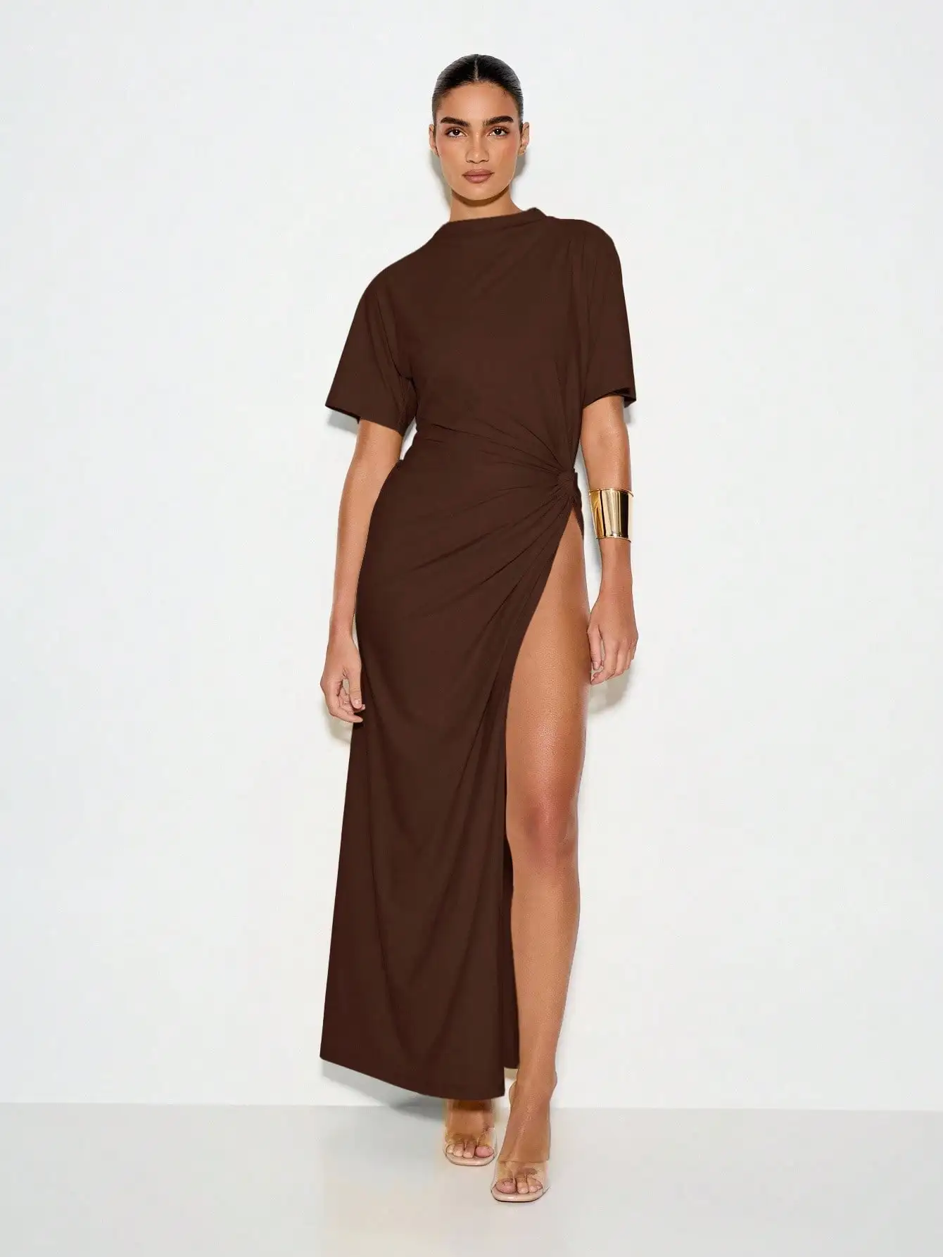 

Brown Maxi Dress with High Thigh Split & Draped Knot Detail - Elegant Evening Party Gown