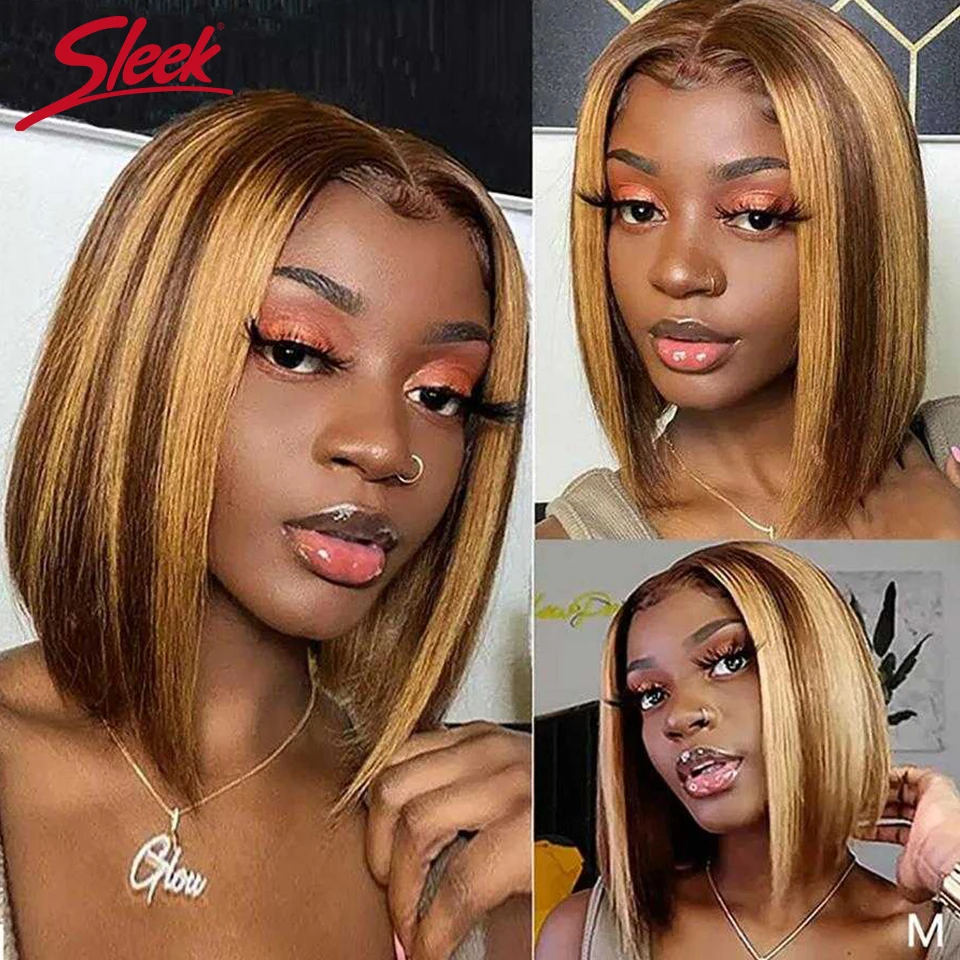 Sleek Straight Short Bob Wig 13*5*2 T Part Lace Front Wig Human Hair Wigs 180%D Peruvian Highlight P4/27 Human Hair Wigs