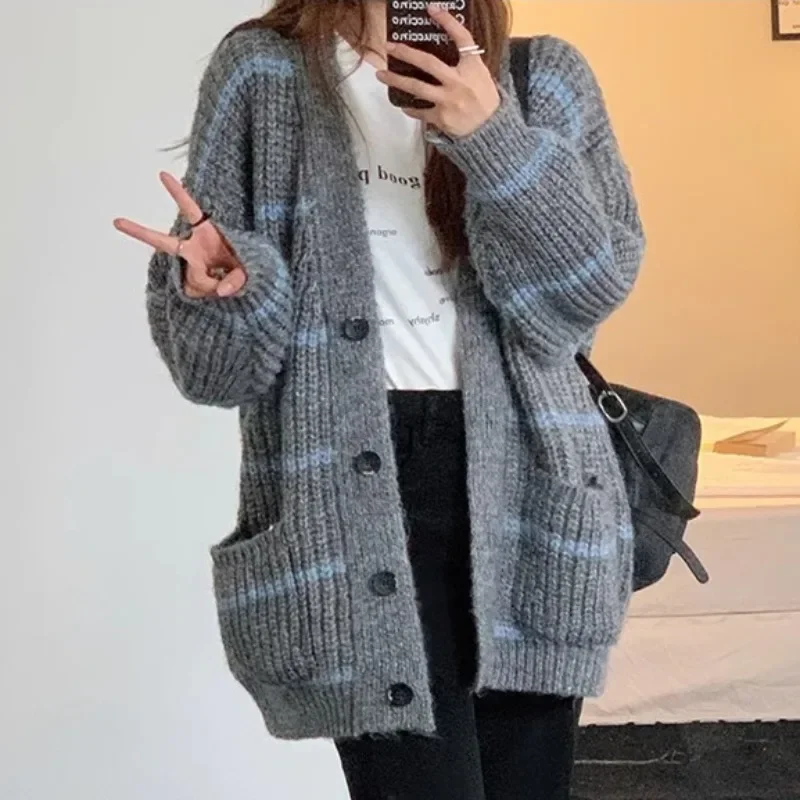 Vintage Loose Gray Stripped Knitted Cardigan Women Single-breasted Sweater Winter Thicken Streetwear Knitwear Autumn