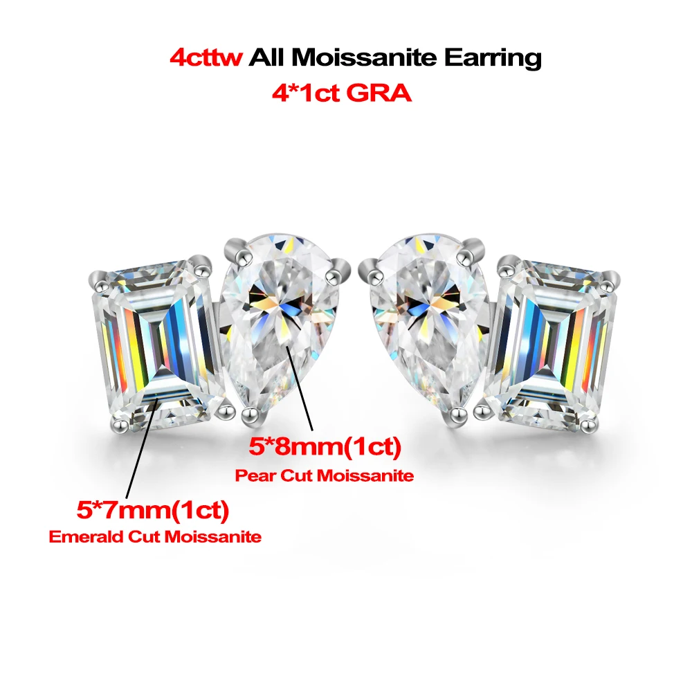 4cttw Emerald & Pear Cut Moissanite Diamanten Oorbellen voor Vrouwen GRA Gecertificeerd S925 Sterling Zilver Twee Steen Stud Oorbel Sieraden