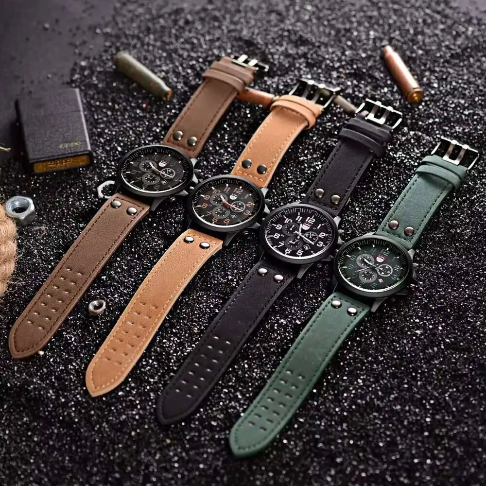 4PCS/Set  Men Sports Calendar Watches Casual Leather Strap Male's Quartz Watch Bracelets Set Reloj Hombre（Without Box）
