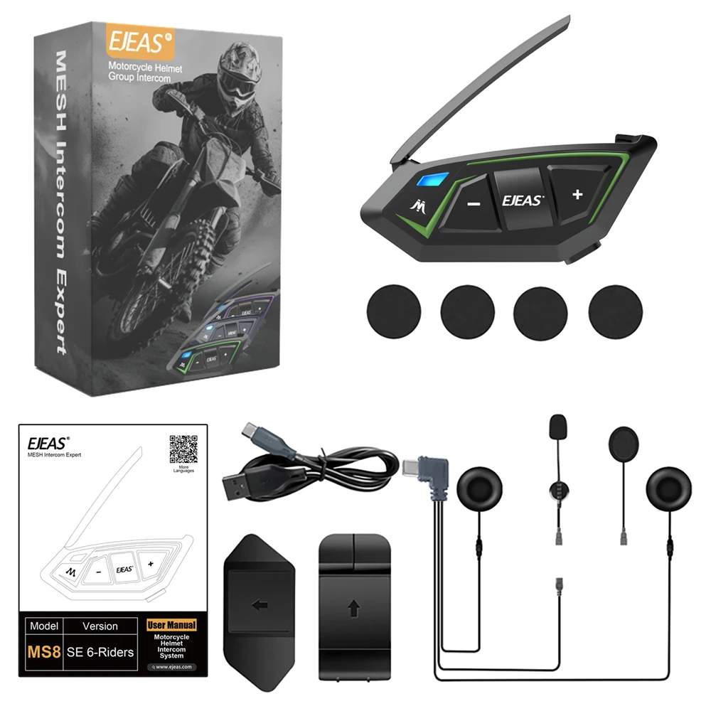 EJEAS MS8-SE Motorcycle Helmet Auto Music FM Communication System for 6 Riders 1000 Meters Bluetooth Full Duplex Intercom
