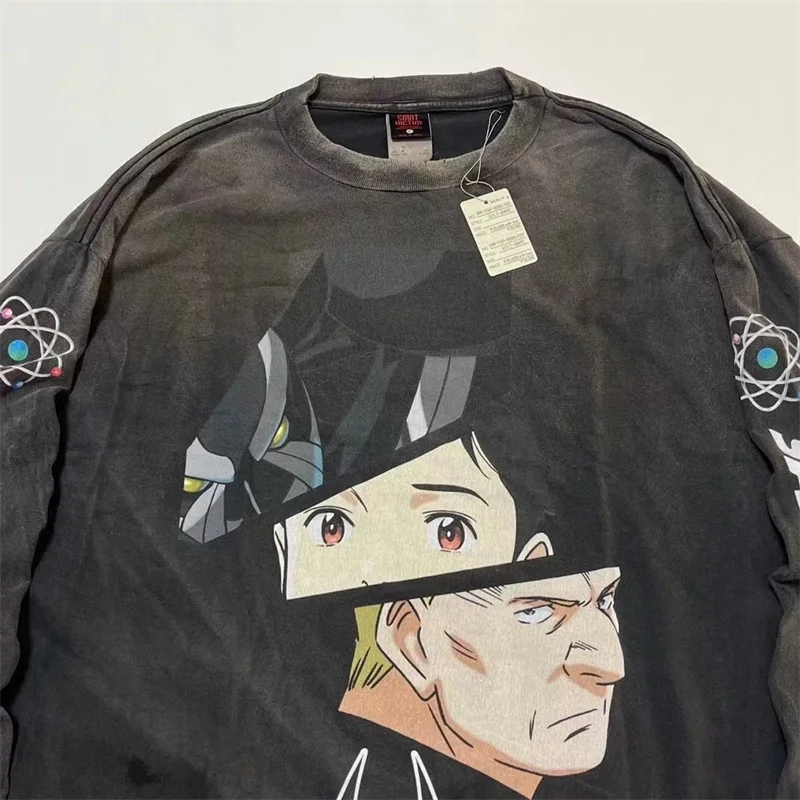 25ss SAINT MICHAEL Washed Black Hoodies Men Women 1:1 Top Quality Manga Pattern Printing Oversized Long Sleeved T-shirt