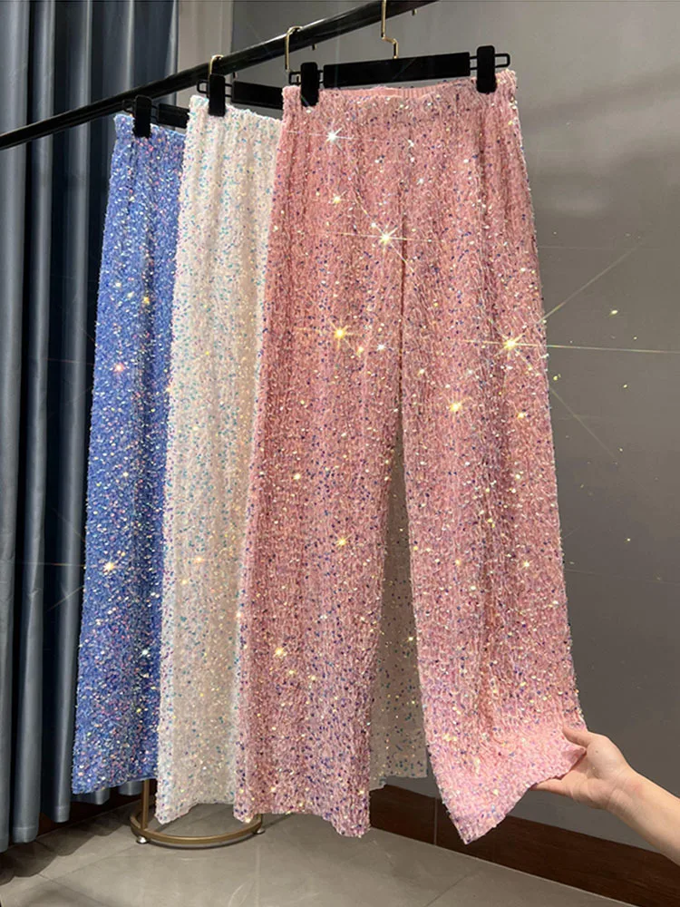 Y2k Pants Woman Elastic Waist Sequins Wide Leg Trousers Party Shiny Full Length Straight Female High Street 2024 Fashion Pants