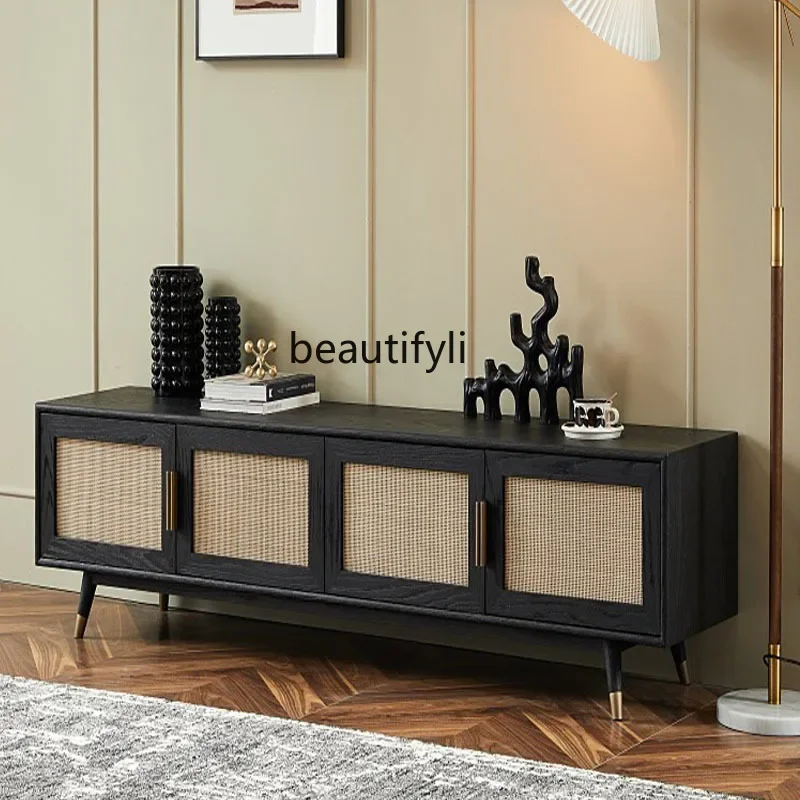 

02 Nordic Modern Retro Oak TV Cabinet Rattan Living Room Audiovisual Cabinet Small Apartment Black Floor Cabinet