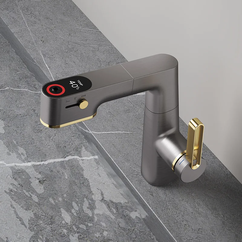 

Brass Gray/White Digital Display Pull-out Bathroom Basin Faucet Lift Hot And Cold Mixed Water Faucet With Shower Telescopic