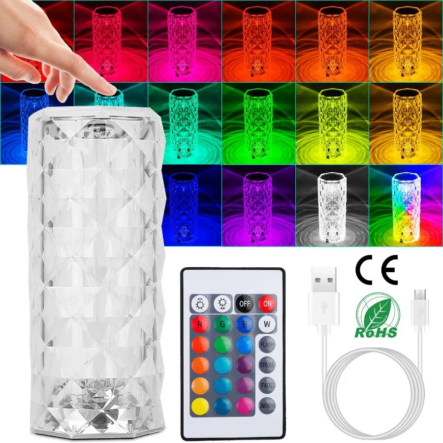 

Crystal Diamond Rose Table Lamp Dimmable Remote Touch Control Night Light