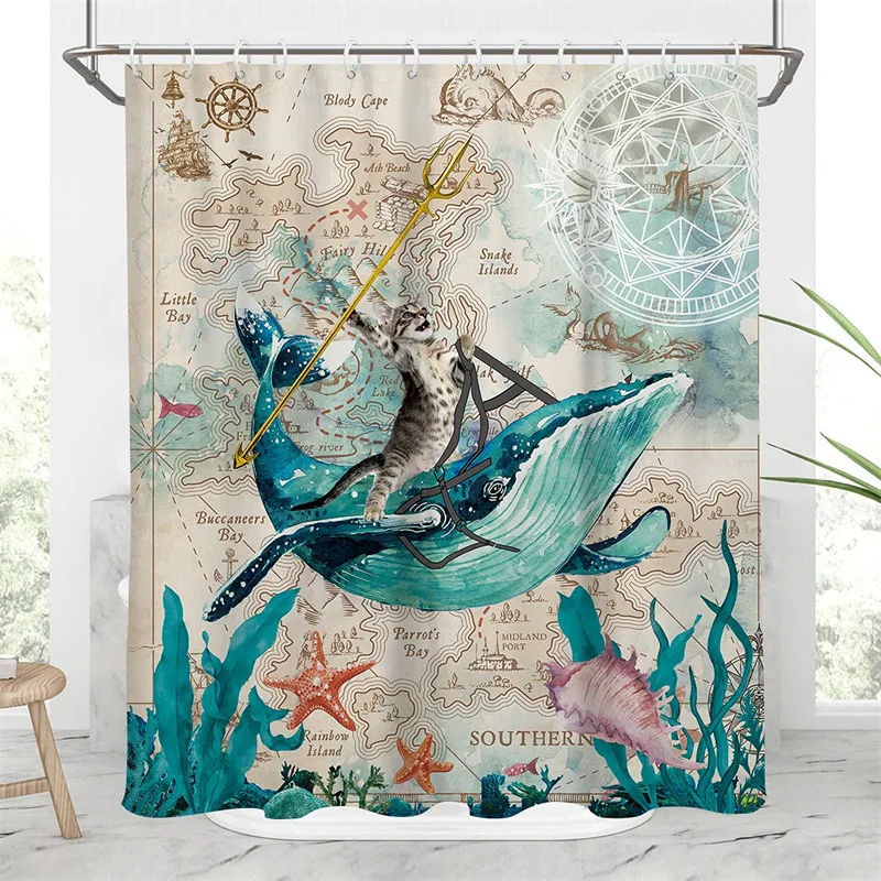 Funny Pirate Cat Shower Curtain Liner Cool Cat Riding Shark Whale In Universe Galaxy Hilarious Fabric Shower Curtain Waterproof