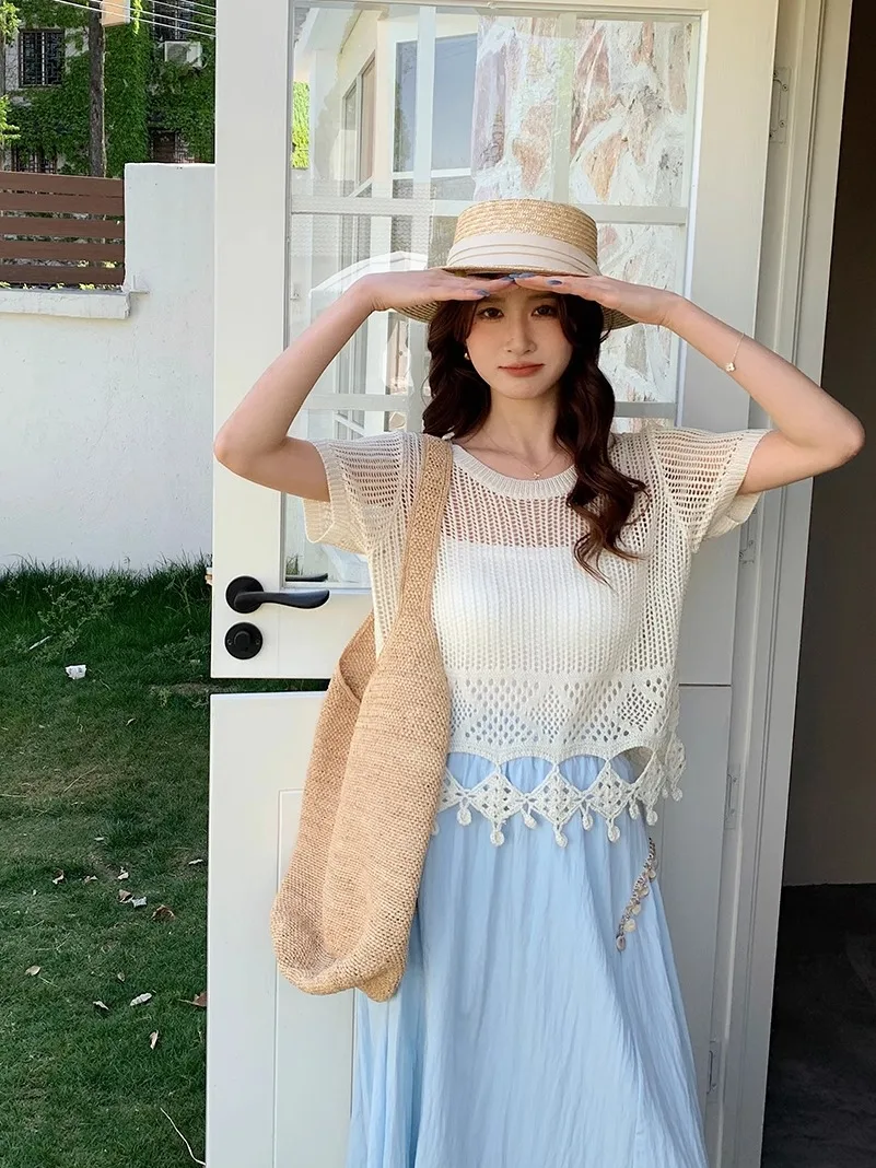 

Женский вязаный комплект Uniko из двух предметов с круглым вырезом и ажурной отделкой, летний, новый, в корейском стиле, универсальный топ на бретельках и брюки/юбка