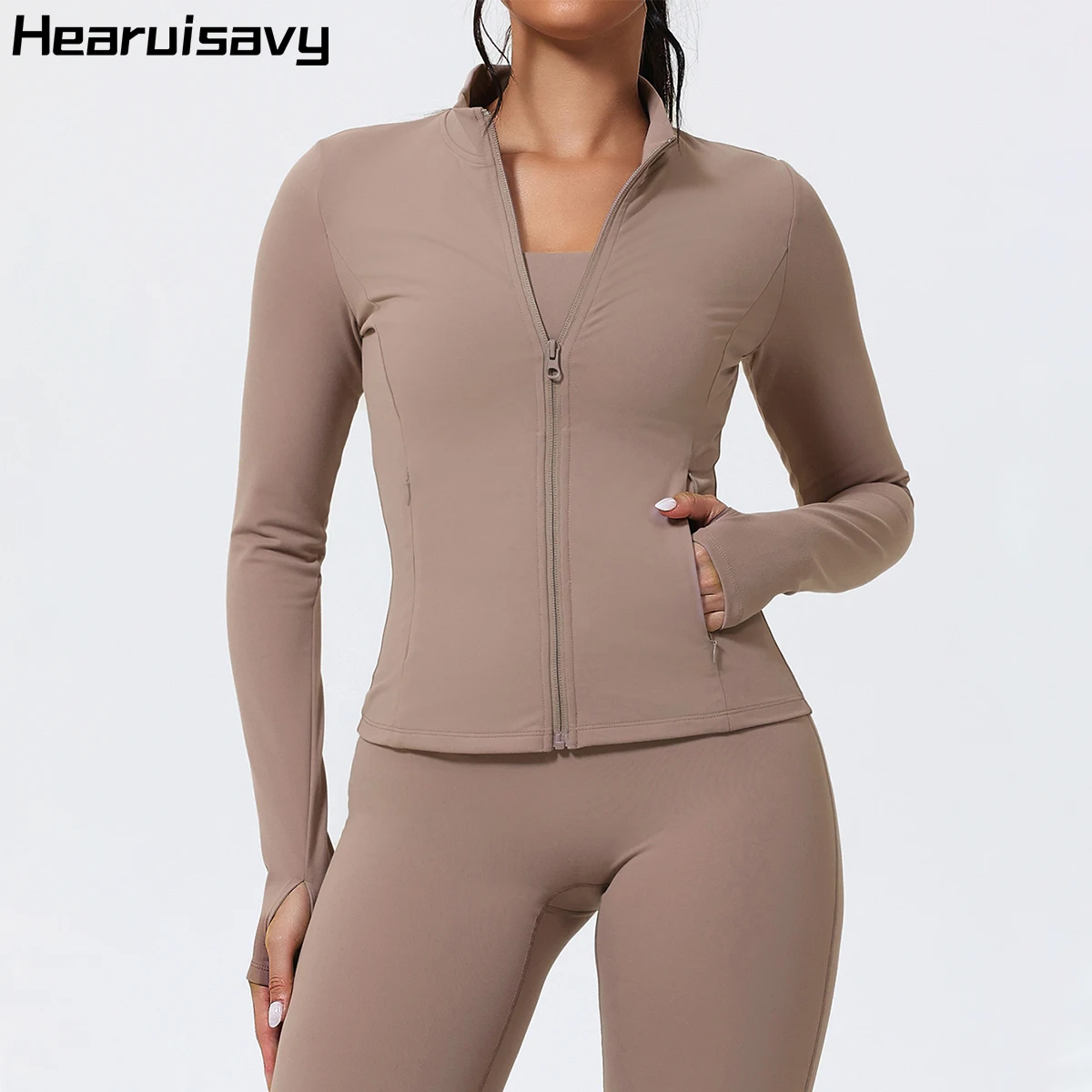 

Спортивная ветрозащитная куртка Hearuisavy с длинным рукавом для женщин, теплая, облегающая, для фитнеса, зала, пилатеса, йоги, на молнии