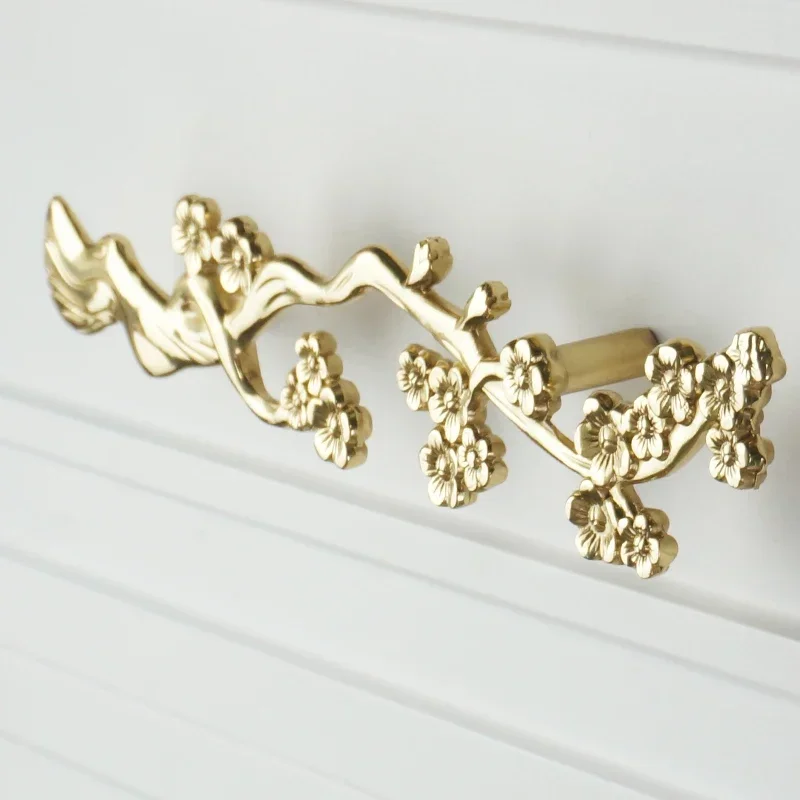 Brass Plum Blossom Branch Shape Long Handle Wardrobe Kitchen Cupboard Cabinet Door Drawer Pulls Decor Furniture Handles Hardware