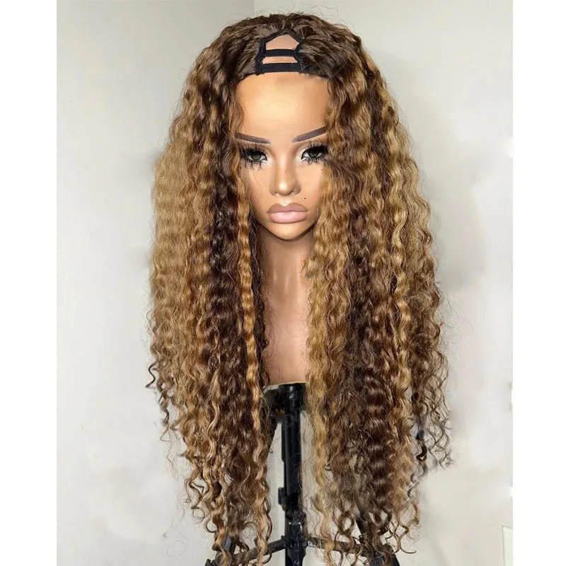 30 Zoll Highlights Honigblond Lose Locken 1X4 V-Teil-Perücken Indisches Echthaar 100% Echthaar-Perücken für Frauen Wasserwellen U-Teil-Perücken – Detail 2