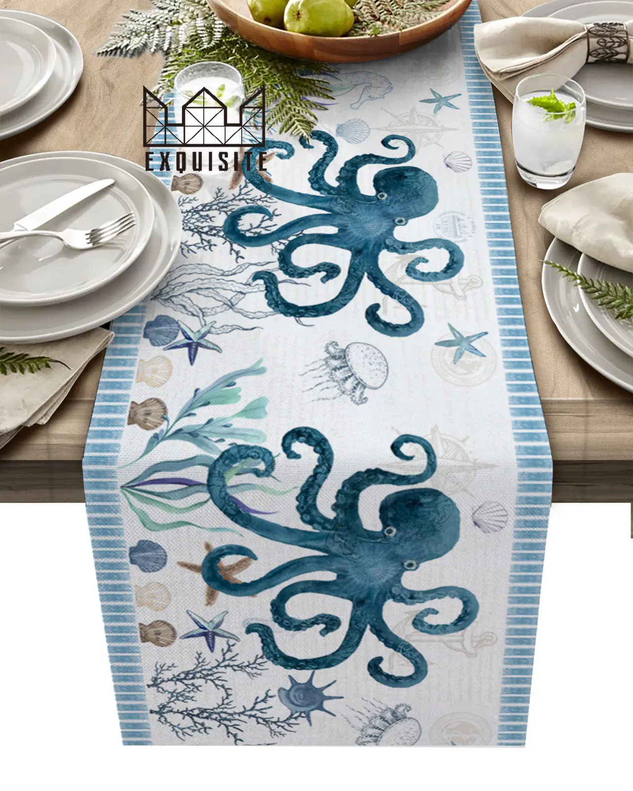 

Mediterranean Style Ocean Stripes Starfish Octopus Table Runner Dining Table Cover Cloth Placemat Napkin Home Kitchen Decor