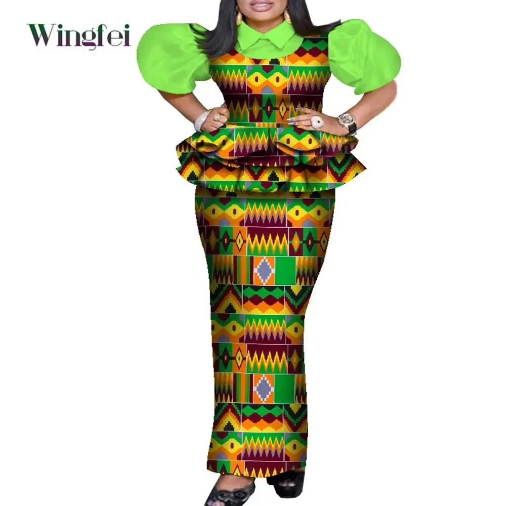 African Clothes for Women Fashion 2 Pieces Set Floral Print Pleat Top and Robe Skrit Dashiki Party Outfit Puff Sleeve WY8053