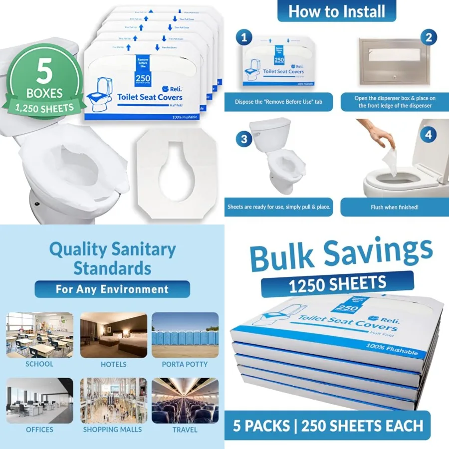 

Reli. Toilet Seat Covers 1250 Pcs 5 Packs of 250 Disposable Toilet Seat Cover Flushable 14x16 (HalfFold) Paper Liners for Restr