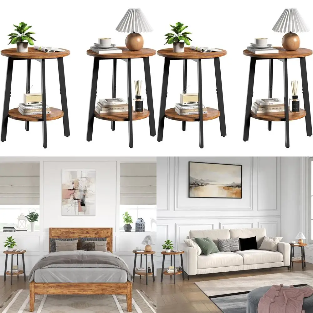 

Пара компактных круглых приставных столиков с полкой для хранения вещей для небольших помещений, двухуровневые акцентные столики для гостиной и спальни, в деревенском стиле.