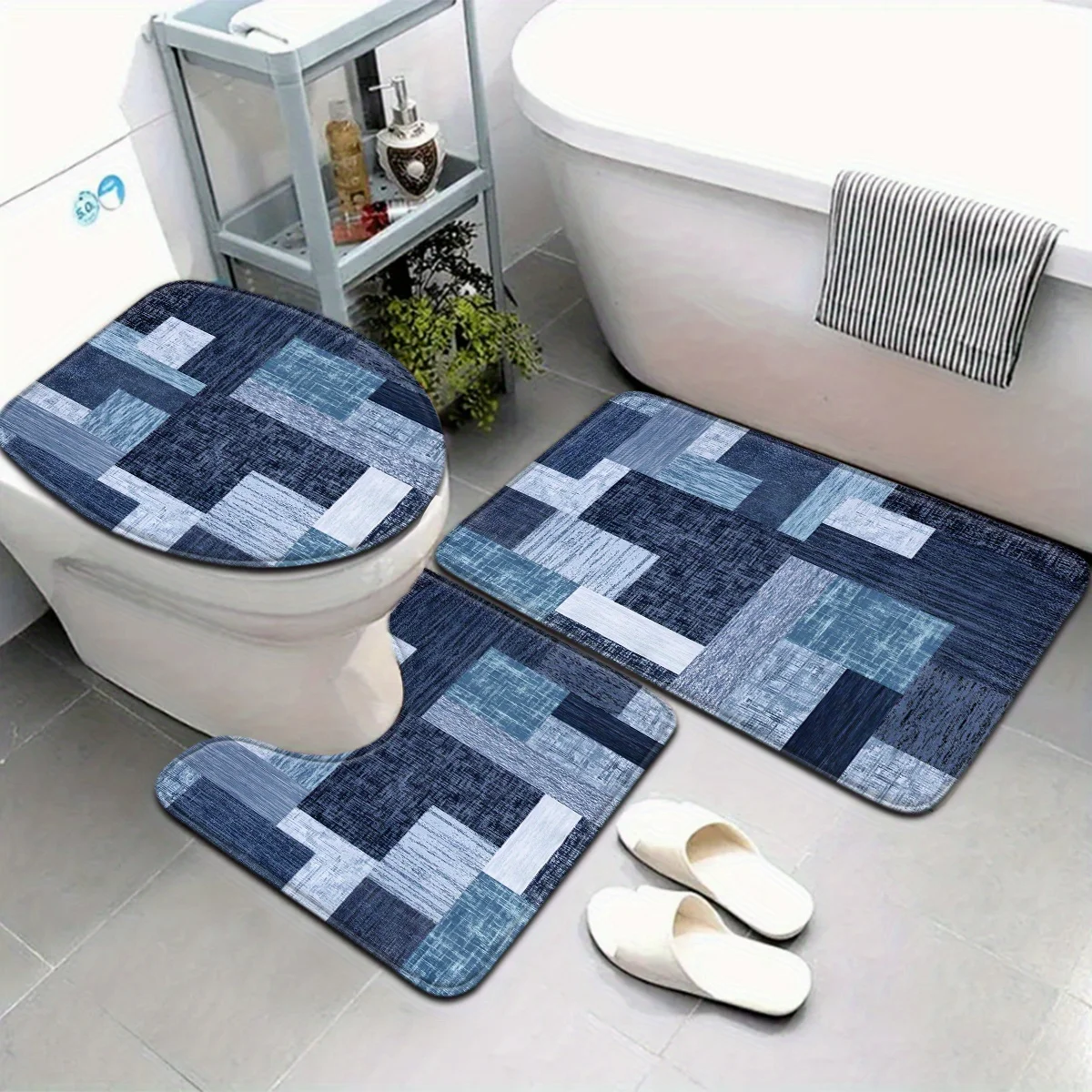 

3pcs Minimalist Series Gradient Blue Geometric Checkered Bathroom Mat Set with Toilet Seat Cover And U-Shaped Foot Pad.