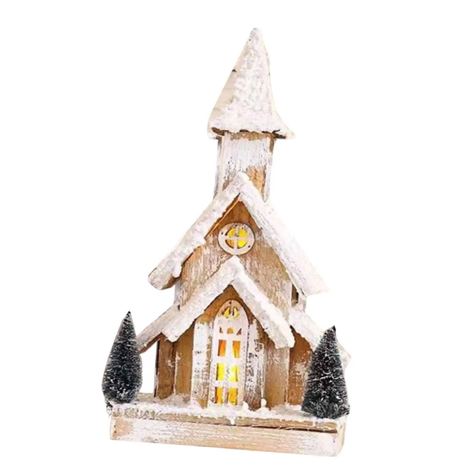 Wood Christmas Snow Church House with Warm Light 40x19cm for Office Desktop