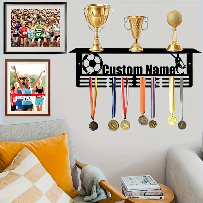 1Pc Custom Creative Football Metal Medal Holder Rack, Hang Metal Wall Art, Home Decor Sports Award Rack Storage Rack, Birthday G