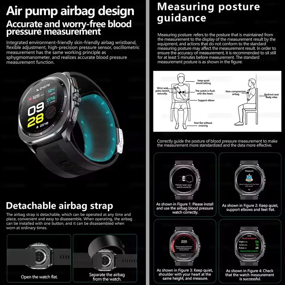 2025New Grado infermieristico Pompa d'aria Airbag Misura accurata ECG Ossigeno nel sangue SmartWatch Uomo Pressione sanguigna Fitness Sport SmartWatch