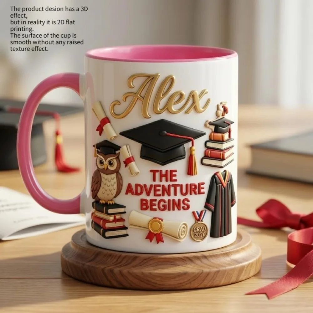 Custom 1pc 11oz White Mug Red Handle 2026 Graduation Ceramic Cup 2D HD Print 3D Effect Name Gift Reusable