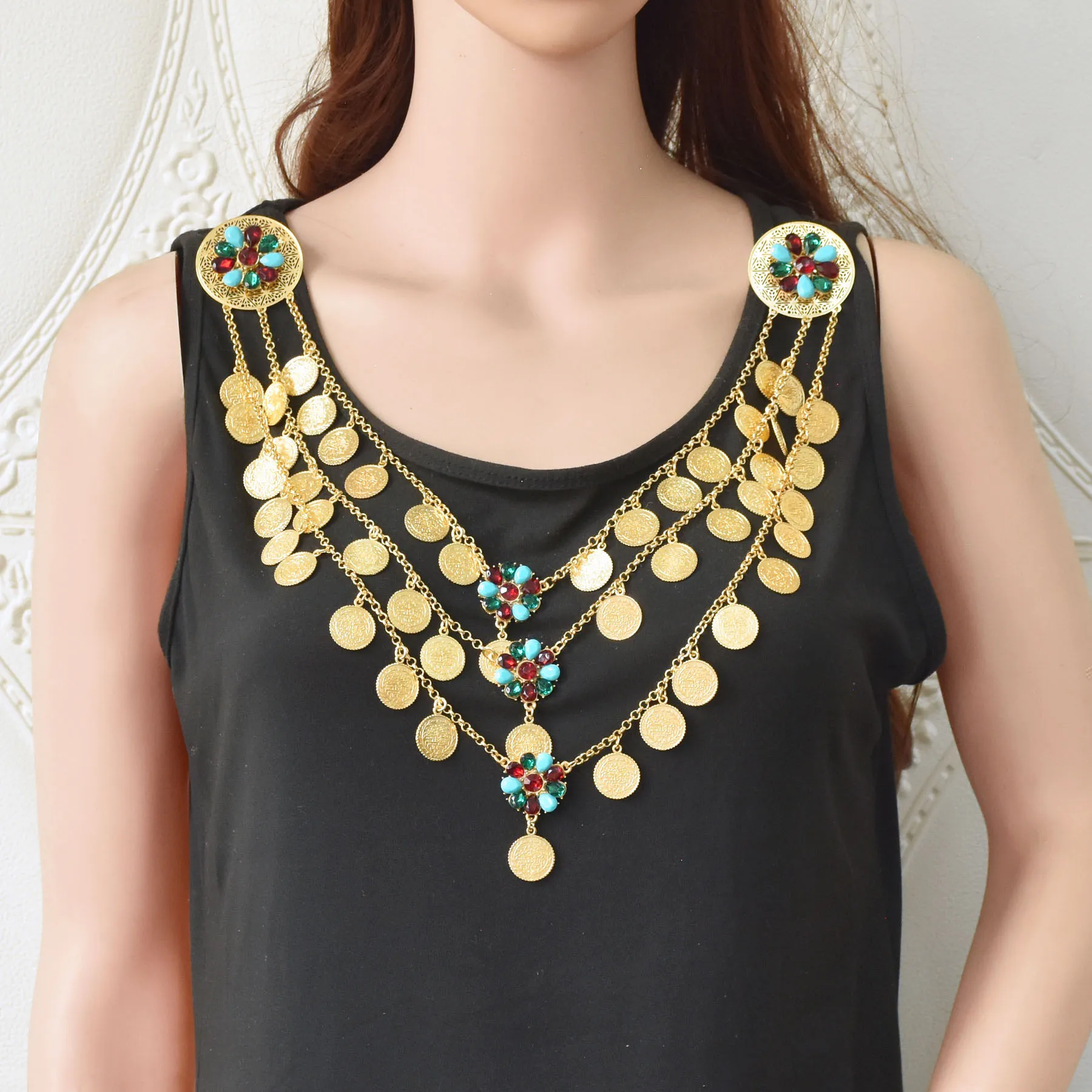 

New shoulder chain for women multi-layer alloy coin tassel necklace fashion diamond flower collarbone chain accessories