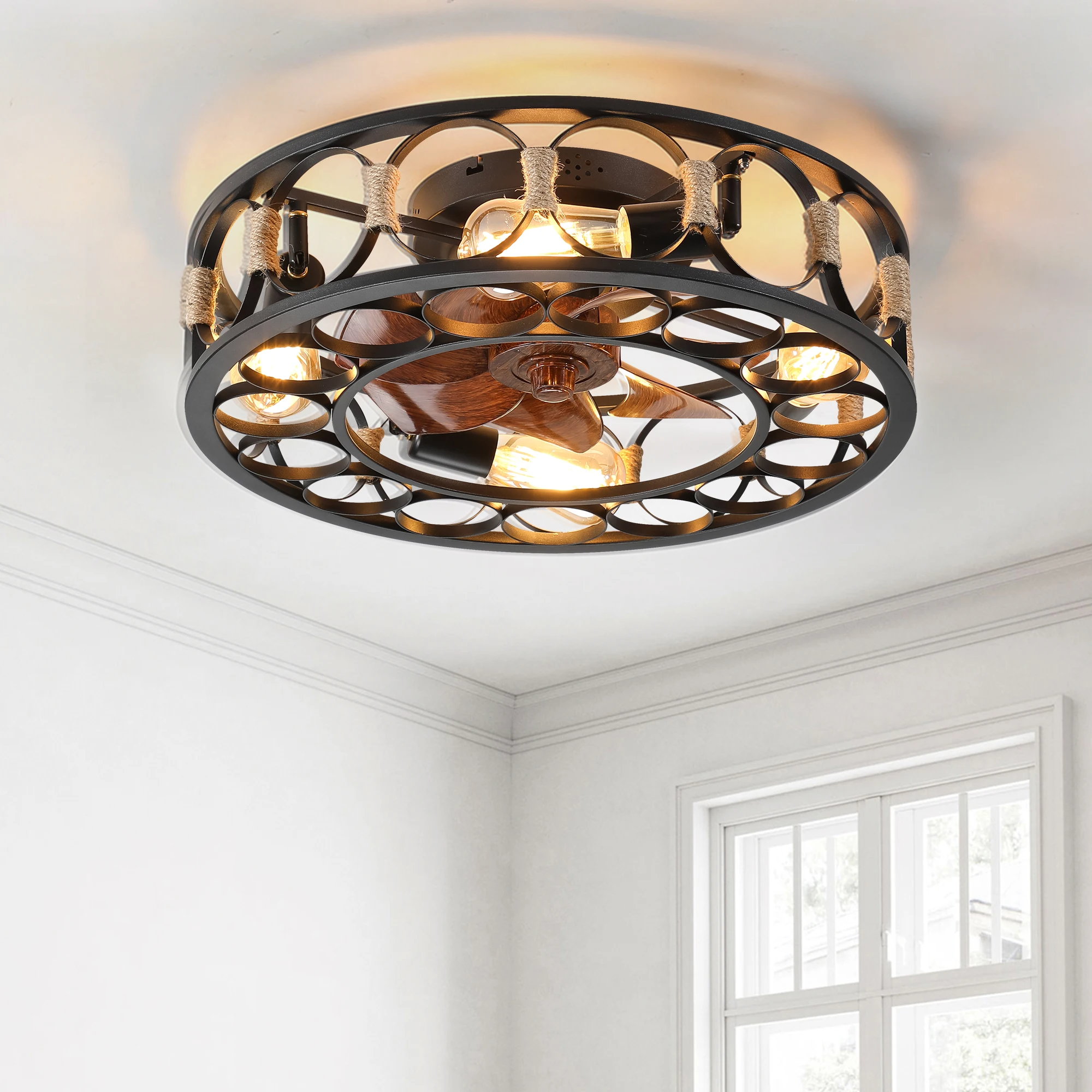 

Black Caged Ceiling Fan with Lights Remote Control, Farmhouse Ceiling fans, 6 Speeds Reversible Blades, 5 Bulbs Include
