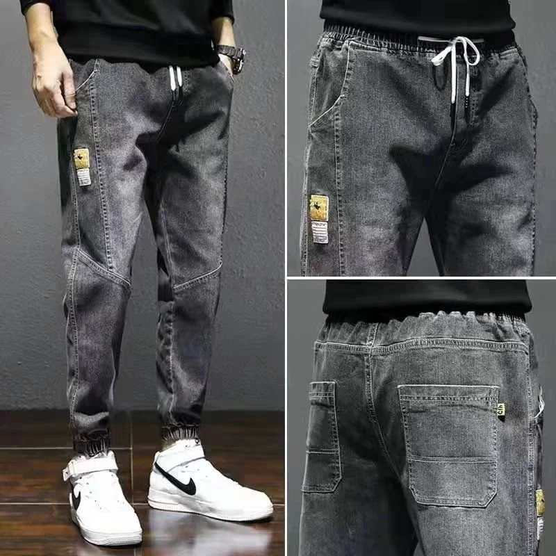 Calça jeans reta casual masculina, jeans largado, roupa de rua lavada, elástico na cintura de 9 pontos, moda Harlan, nova